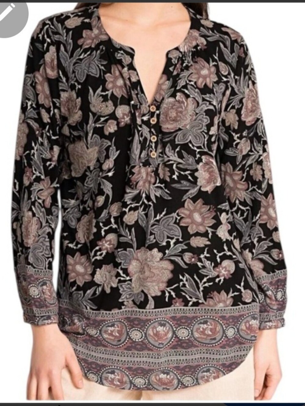 Lucky Brand Black Floral Henley Blouse Sz 1X